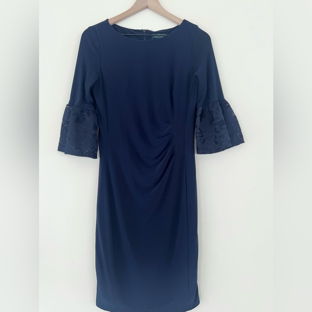 Lauren Ralph Lauren Women's Navy Konatta Lace Bell Sleeve Sheath Dress